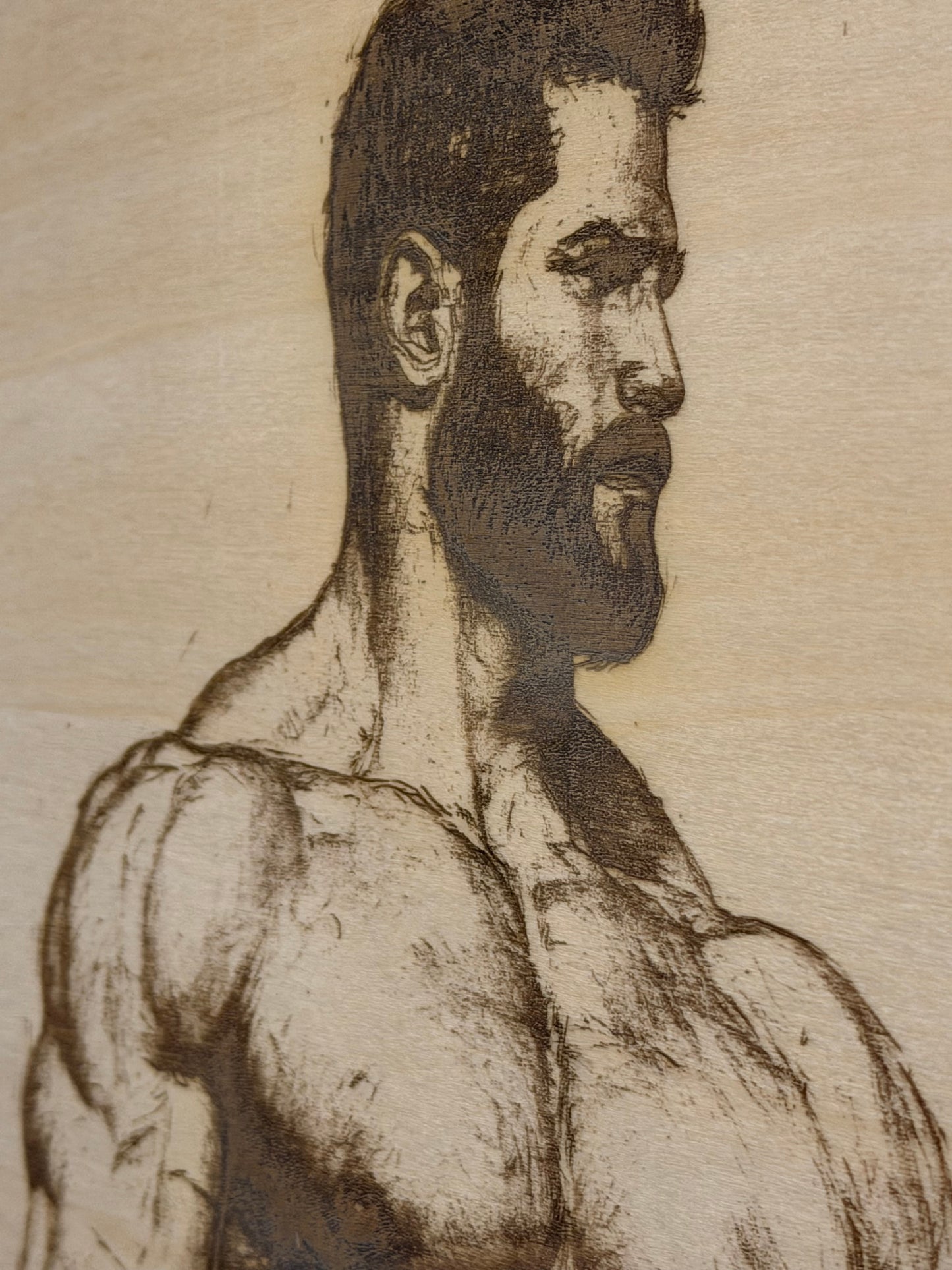 Handcrafted Wood Burned Art – Muscular Male Figure (Laser Engraved Wall Decor)
