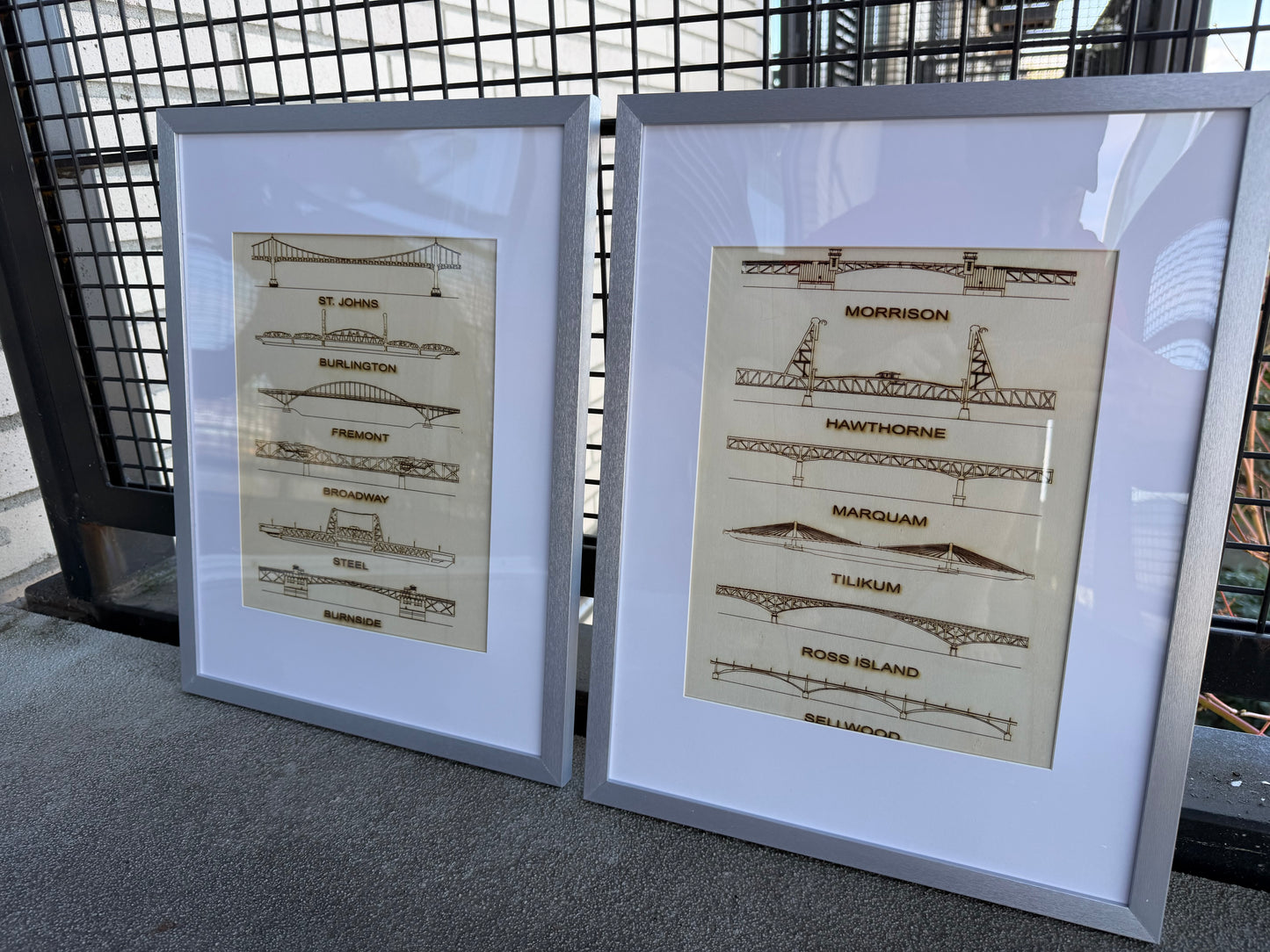 Framed Laser-Engraved Portland Bridge Art (Set of 2) – Modern Minimalist Wall Decor
