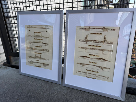 Framed Laser-Engraved Portland Bridge Art (Set of 2) – Modern Minimalist Wall Decor
