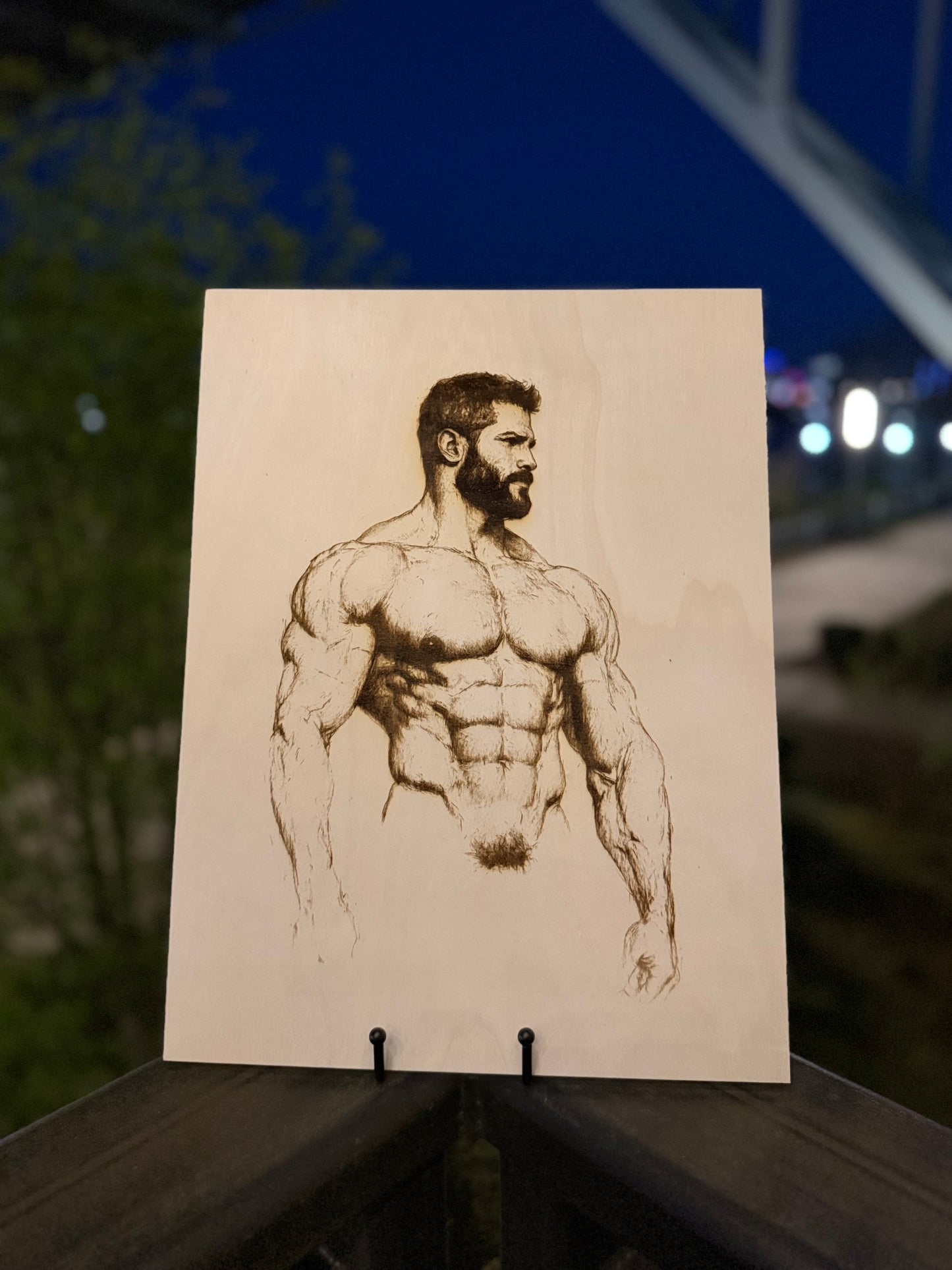 Handcrafted Wood Burned Art – Muscular Male Figure (Laser Engraved Wall Decor)