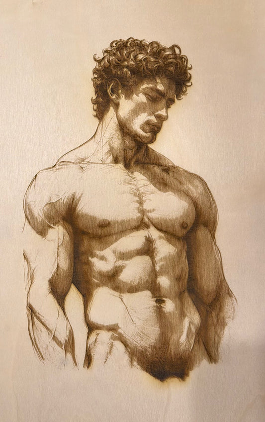 Handcrafted Wood-Burned Male Torso Artwork – Detailed Engraved Wall Art