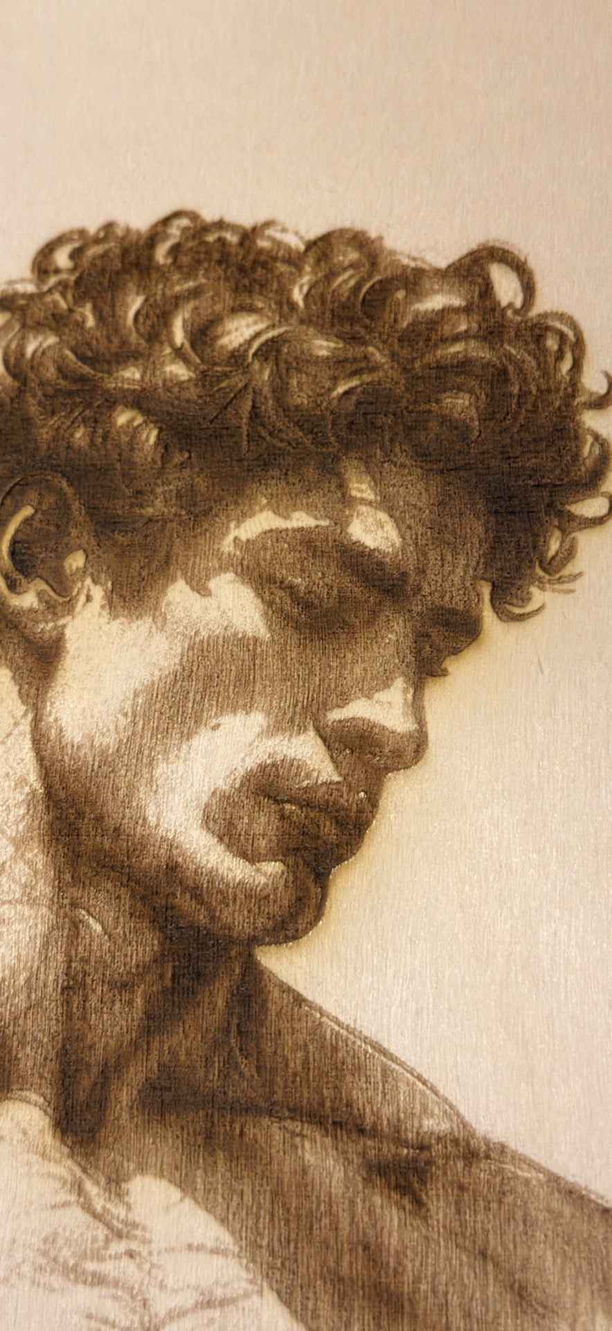Handcrafted Wood-Burned Male Torso Artwork – Detailed Engraved Wall Art